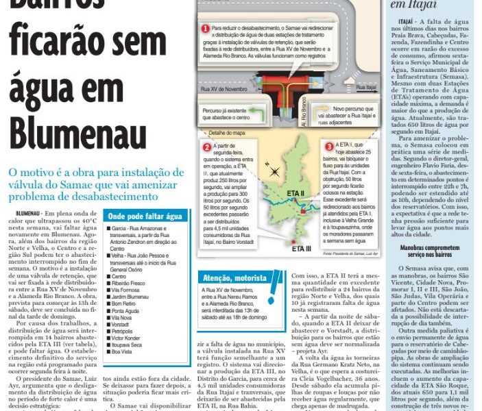 Bairros ficarão sem água em blumenau samae calor eta Cristian Edel Weiss Jornal de Santa Catarina jornalista de dados multimídia Alemanha Brasil
