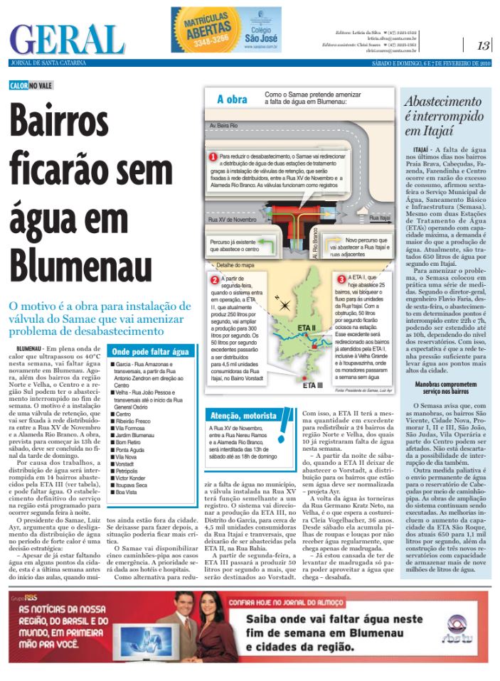 Bairros ficarão sem água em blumenau samae calor eta Cristian Edel Weiss Jornal de Santa Catarina jornalista de dados multimídia Alemanha Brasil