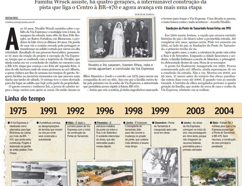 Construção Via Expressa Blumenau história casal Wruck margens da rodovia, sacada Cristian Edel Weiss, Cristian Weiss, Jornal de Santa Catarina, RBS, NSC Comunicação