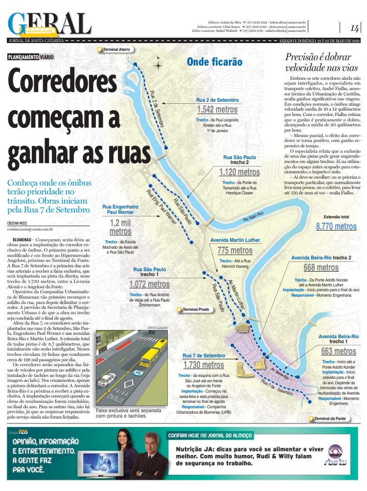 Corredores de ônibus em Blumenau na Rua 7 de Setembro para planejamento urbano e mobilidade por Cristian Weiss, Cristian Edel Weiss, Jornal de Santa Catarina, RBS e NSC Comunicação
