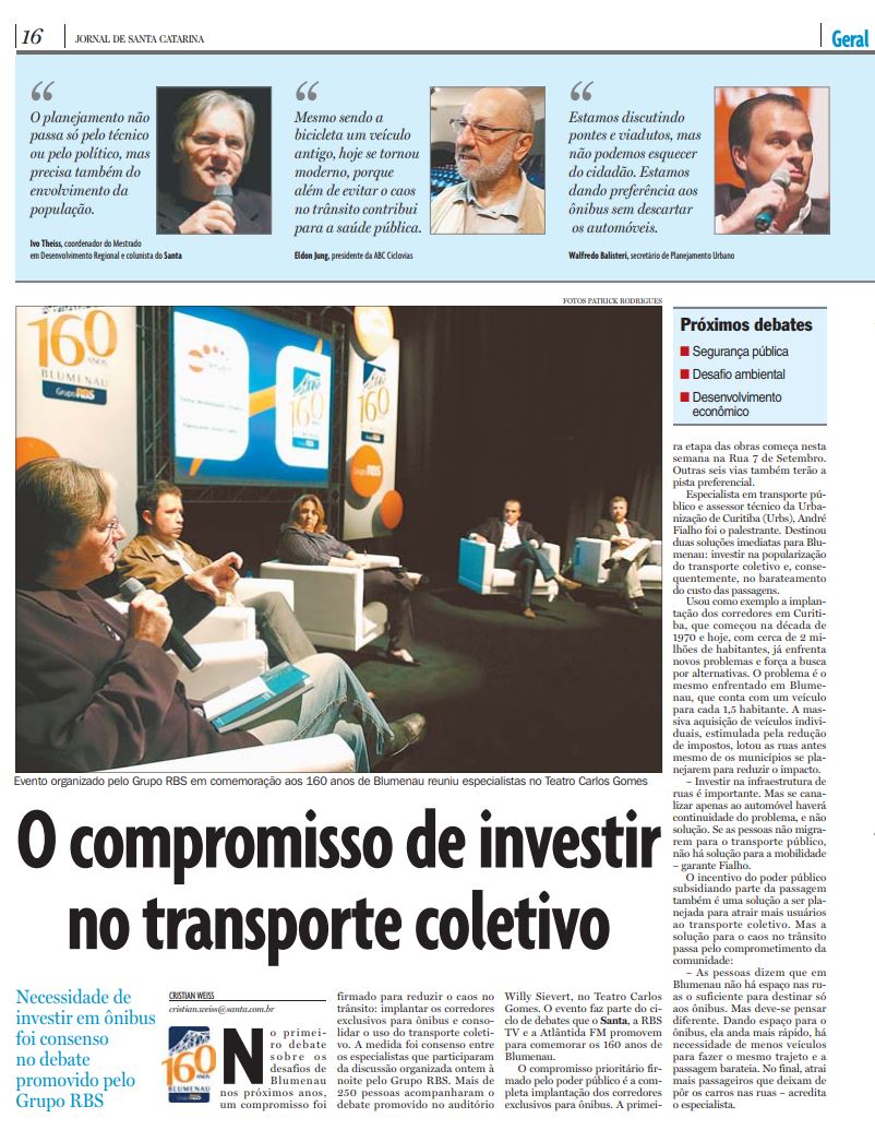 Debate RBS 160 anos Blumenau mobilidade urbana discute transporte coletivo no Teatro Carlos Gomes, Cristian Weiss, Cristian Edel Weiss, Jornal de Santa Catarina, RBS, NSC Comunicação