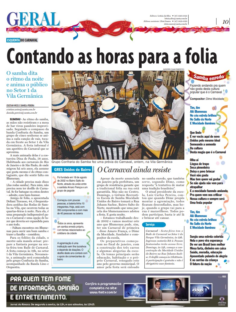 carnaval em Blumenau roda de samba folia vila germânica confraria do samba Cristian Edel Weiss Jornal de Santa Catarina jornalista de dados multimídia Alemanha Brasil