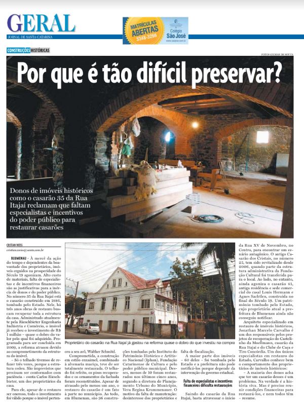 patrimônio histórico casarão blumenau demolição preservação imposto Cristian Edel Weiss Jornal de Santa Catarina jornalista de dados multimídia Alemanha Brasil